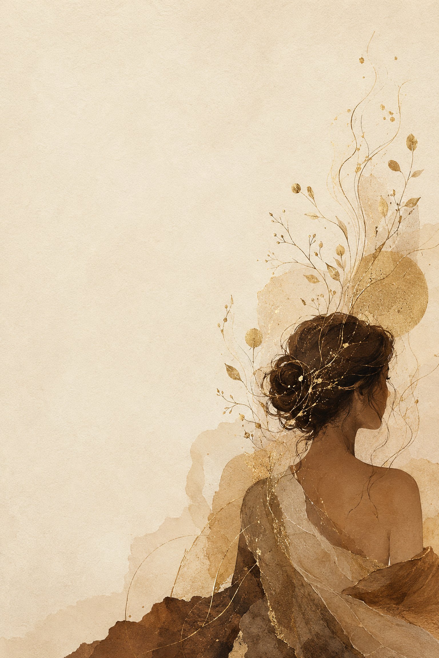 Ilustração feminina em tons de bege e dourado